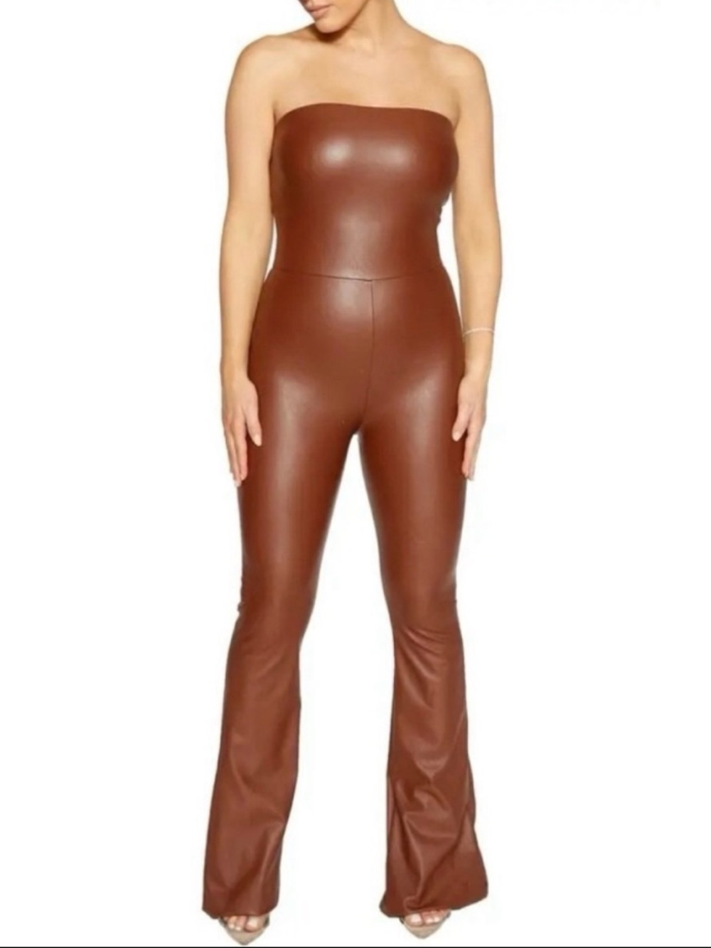 Naked Wardrobe - Strapless Faux Leather Jumpsuit